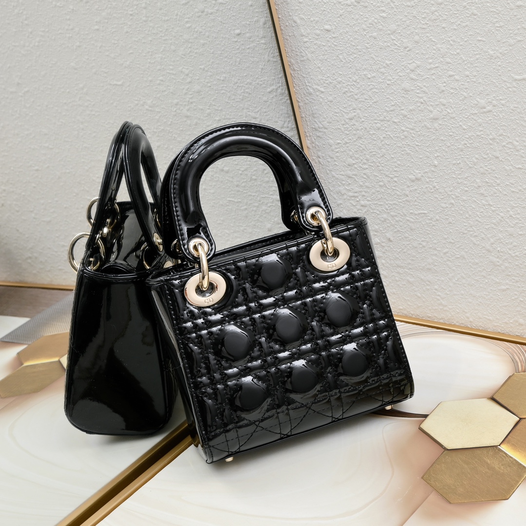 D Inspired Lady D Inspired Bag Powder Black Patent Cannage Calfskin Golden Hardware - Bag - Gorchic - $138.99