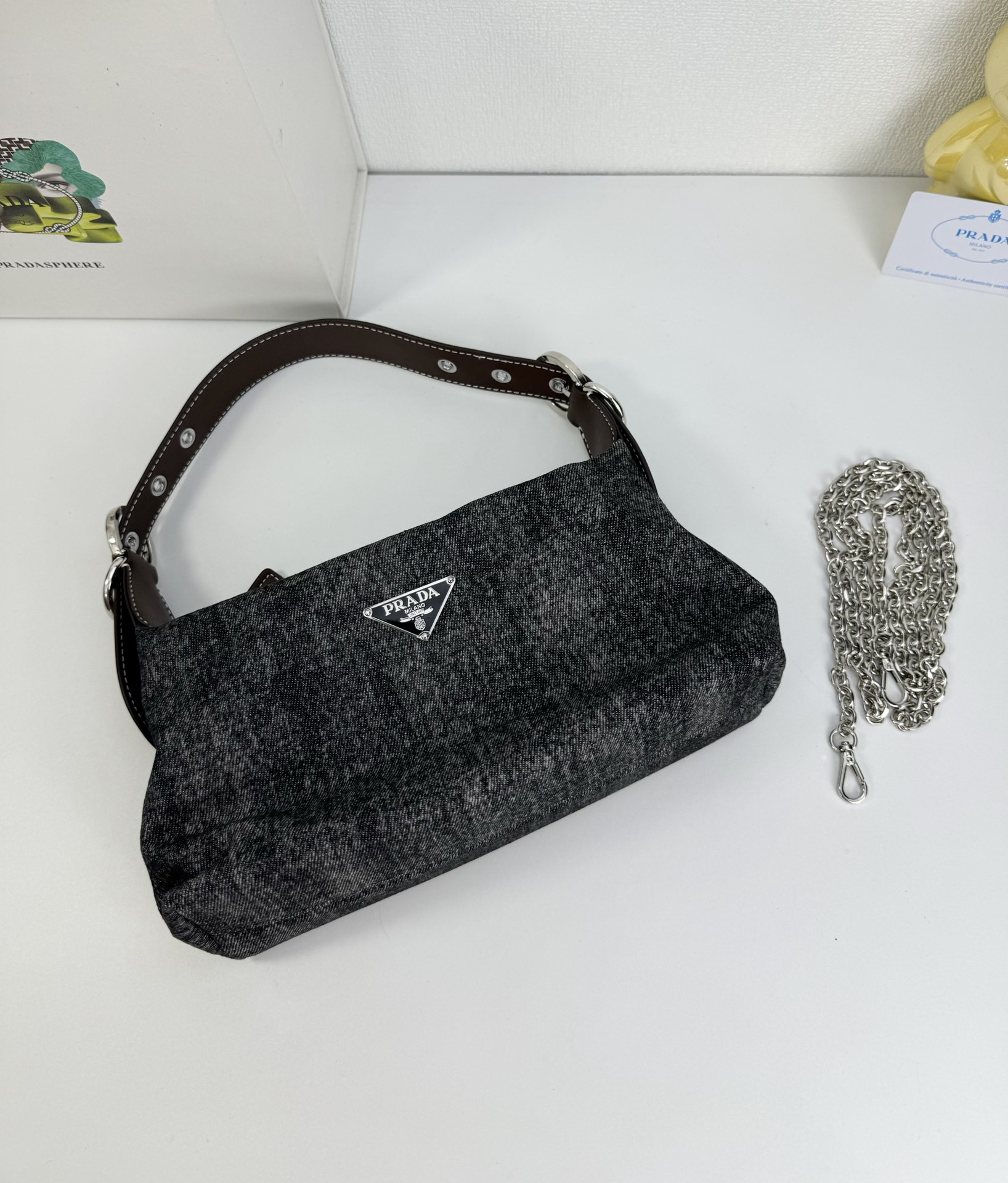 Saffiano texture Re-edition 2005 Crossbody Mini Bag Black Denim - Bag - Gorchic - $119.99