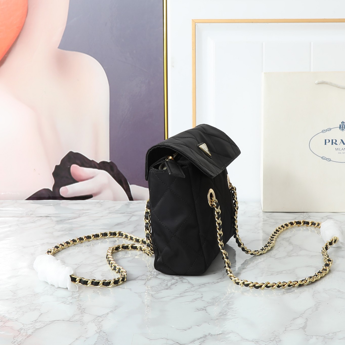 Saffiano texture Tessuto Impuntu Quilted Flap Shoulder Black Bag - Gorchic - $132.99