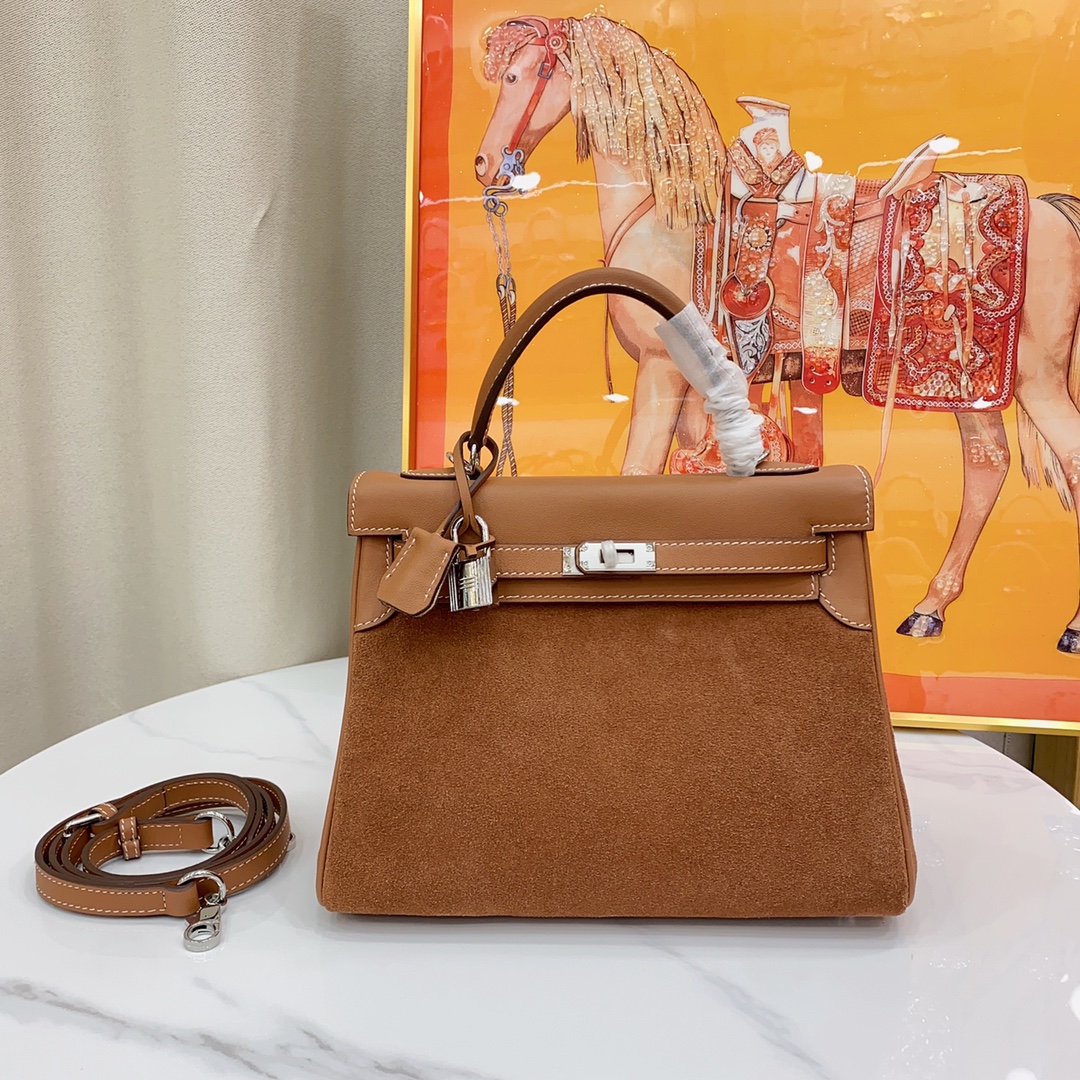 H-Inspired Kelly Haze Brown Suede - Handbags - Gorchic - $200.99