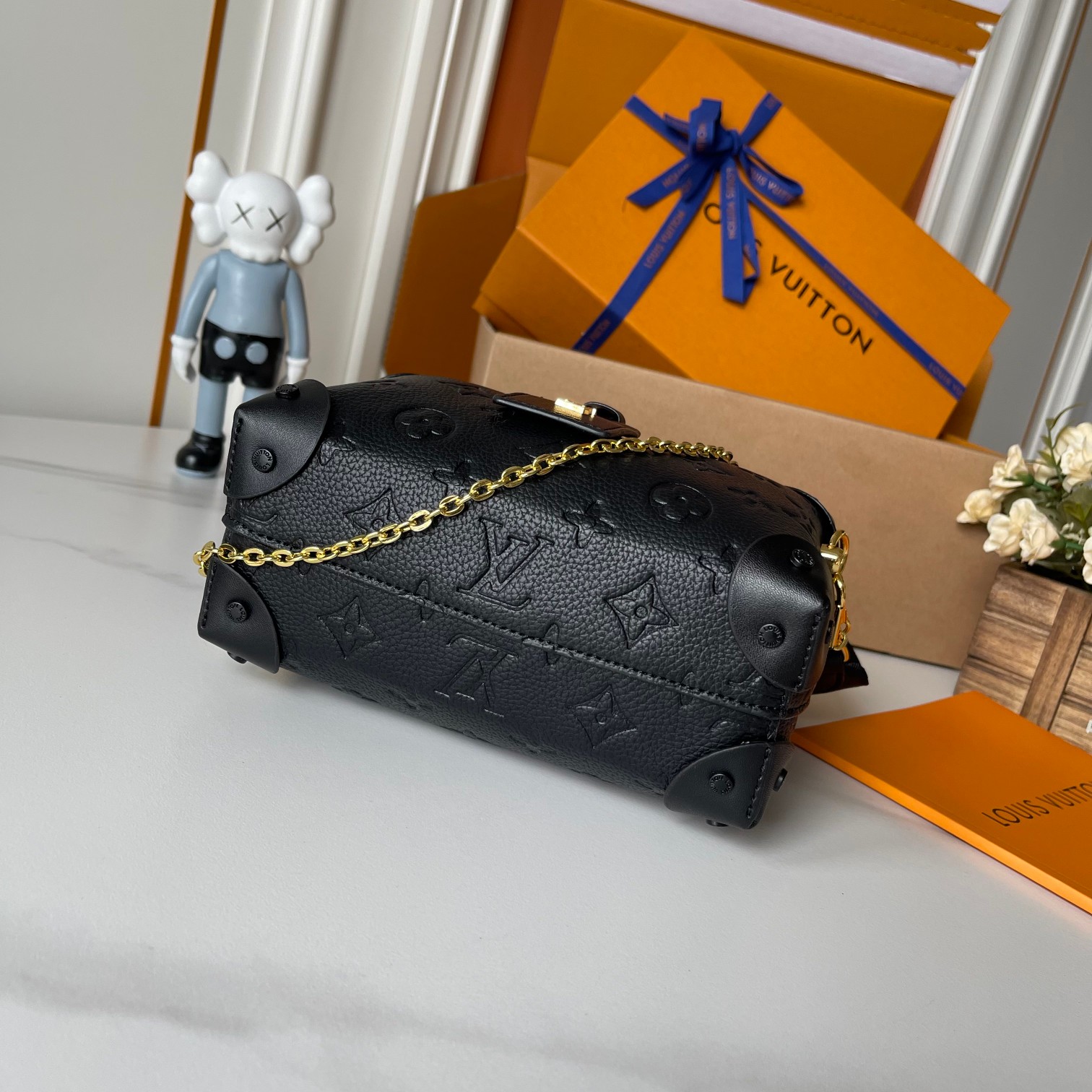 Designer Petite Malle Souple Embossed grained cowhide leather - Black - Gorchic - $118.99