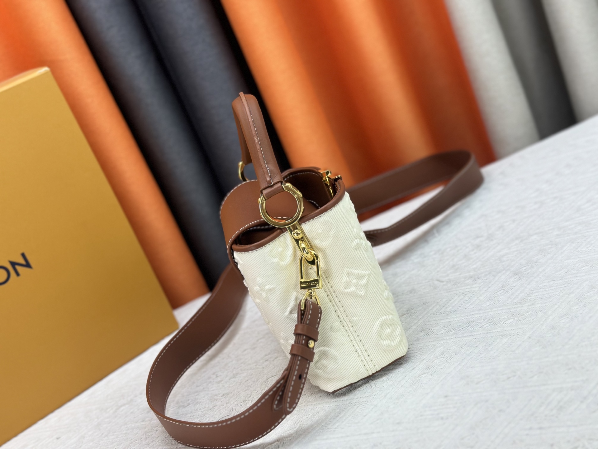 Designer Capucines Taurillon Leather, White Embossed Patchwork - Handbag - Gorchic - $142.99