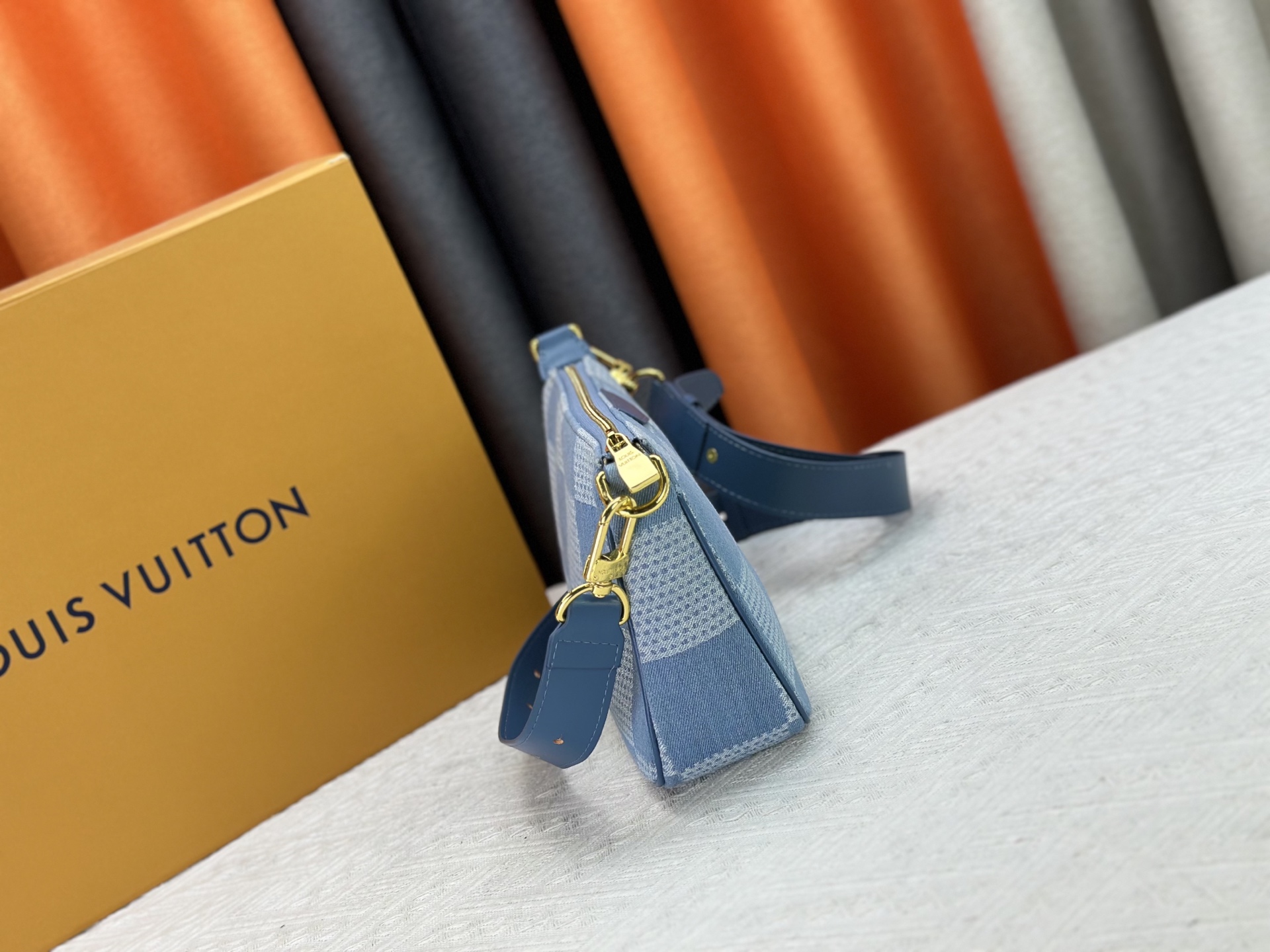 Designer Pochette Accessories XL Damier Denim 3D cotton canvas - Denim Blue - Gorchic - $116.99