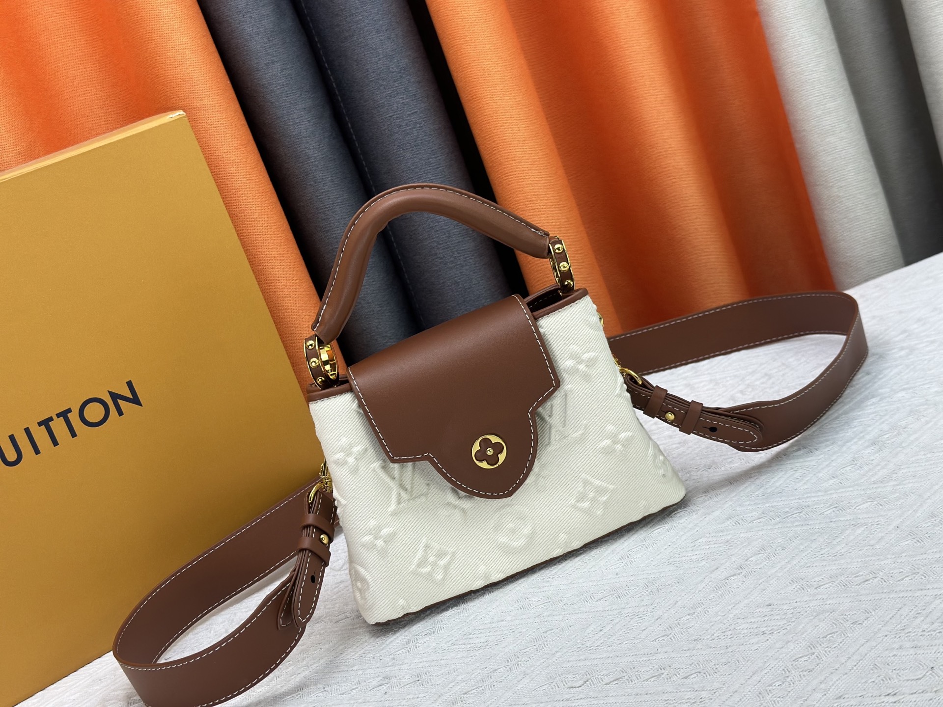 Designer Capucines Taurillon Leather, White Embossed Patchwork - Handbag - Gorchic - $142.99