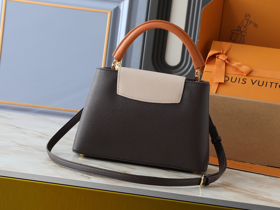 Designer Capucines Taurillon leather - Chocolate / Quartz / Tan - Gorchic - $143.85