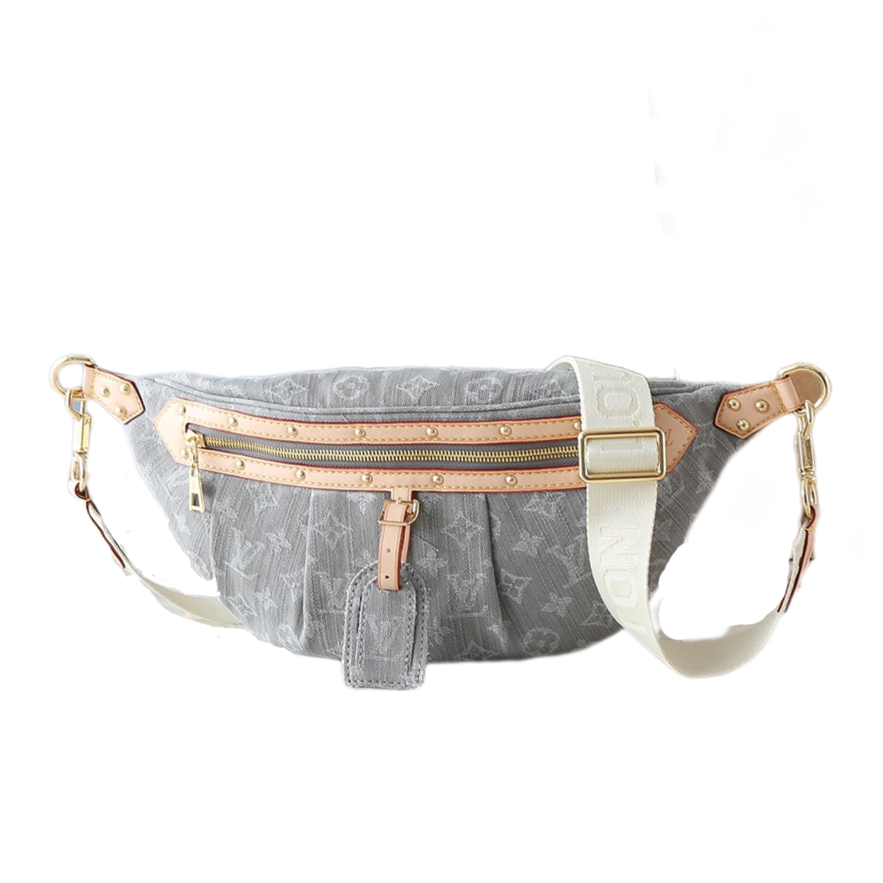 Designer High Rise Belt Bag Monogram Jacquard Leather - Grey Denim - Gorchic - $120.99
