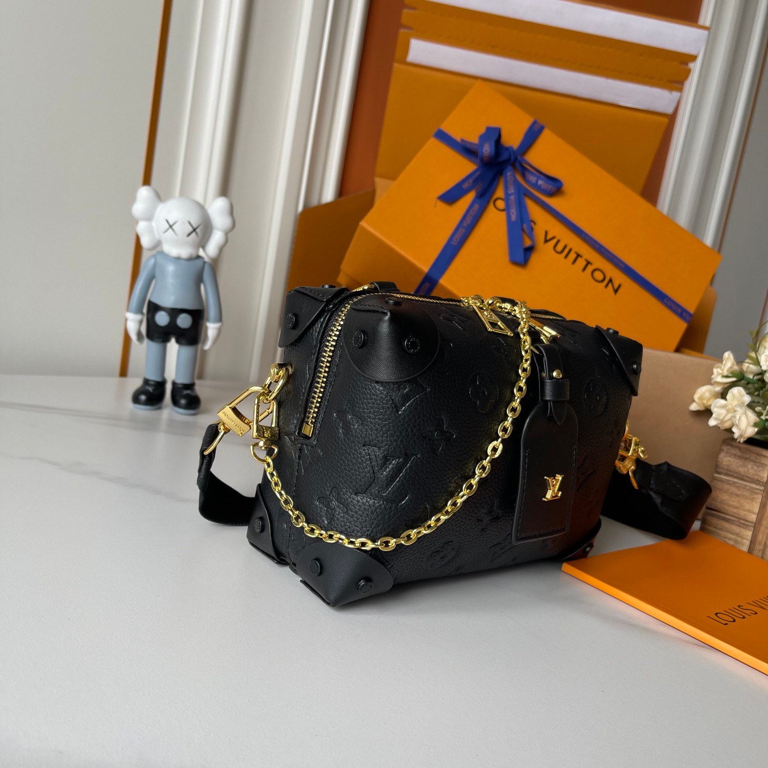 Designer Petite Malle Souple Embossed grained cowhide leather - Black - Gorchic - $118.99