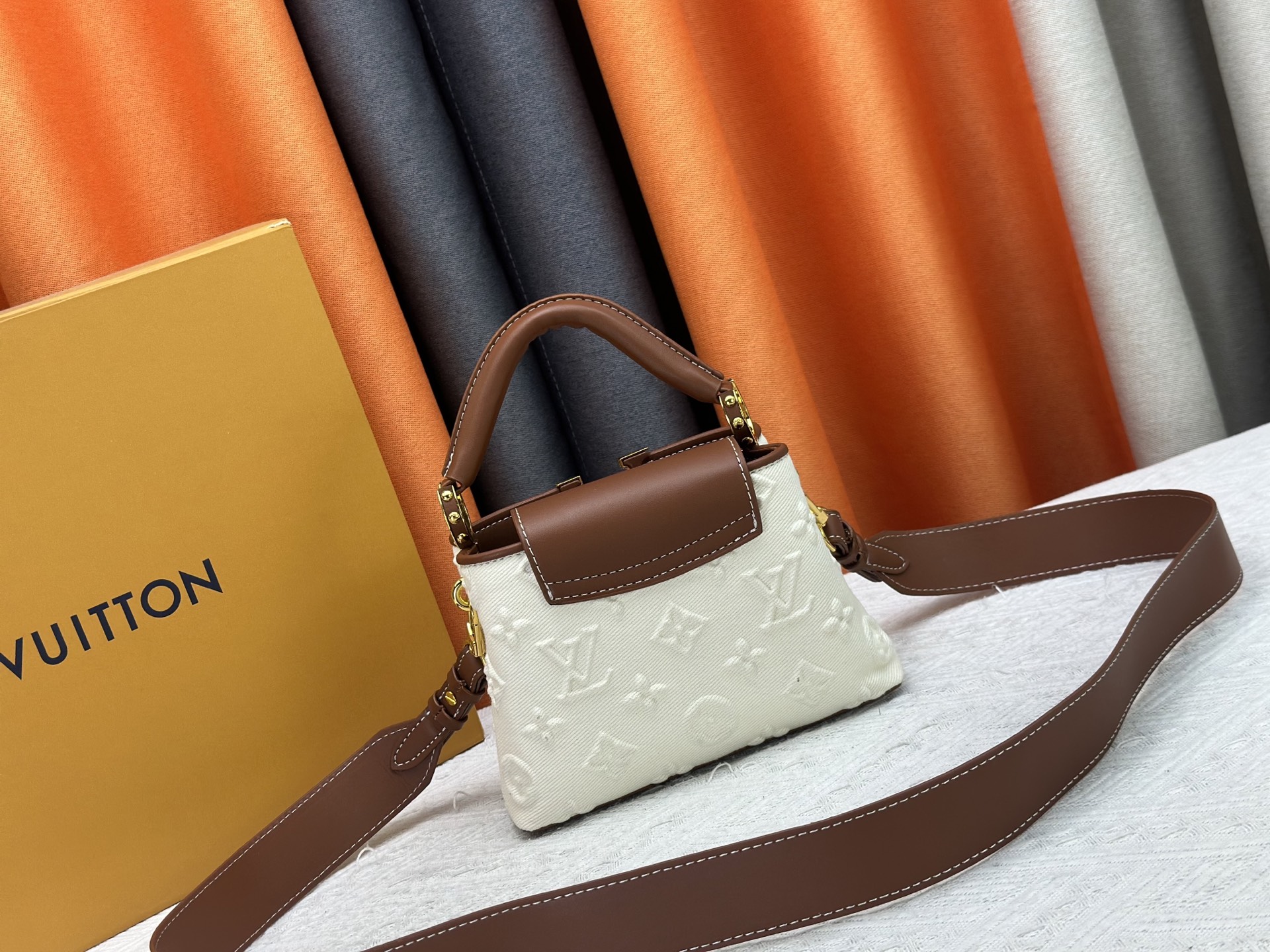 Designer Capucines Taurillon Leather, White Embossed Patchwork - Handbag - Gorchic - $142.99