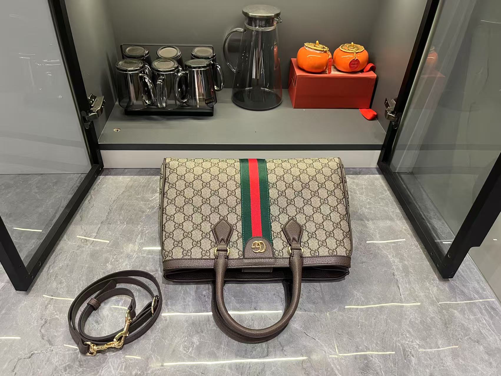 Double-G Ophidia Tote Bag Medium Size GG Monogram coated fabric - Beige and dark brown - Gorchic - $124.99