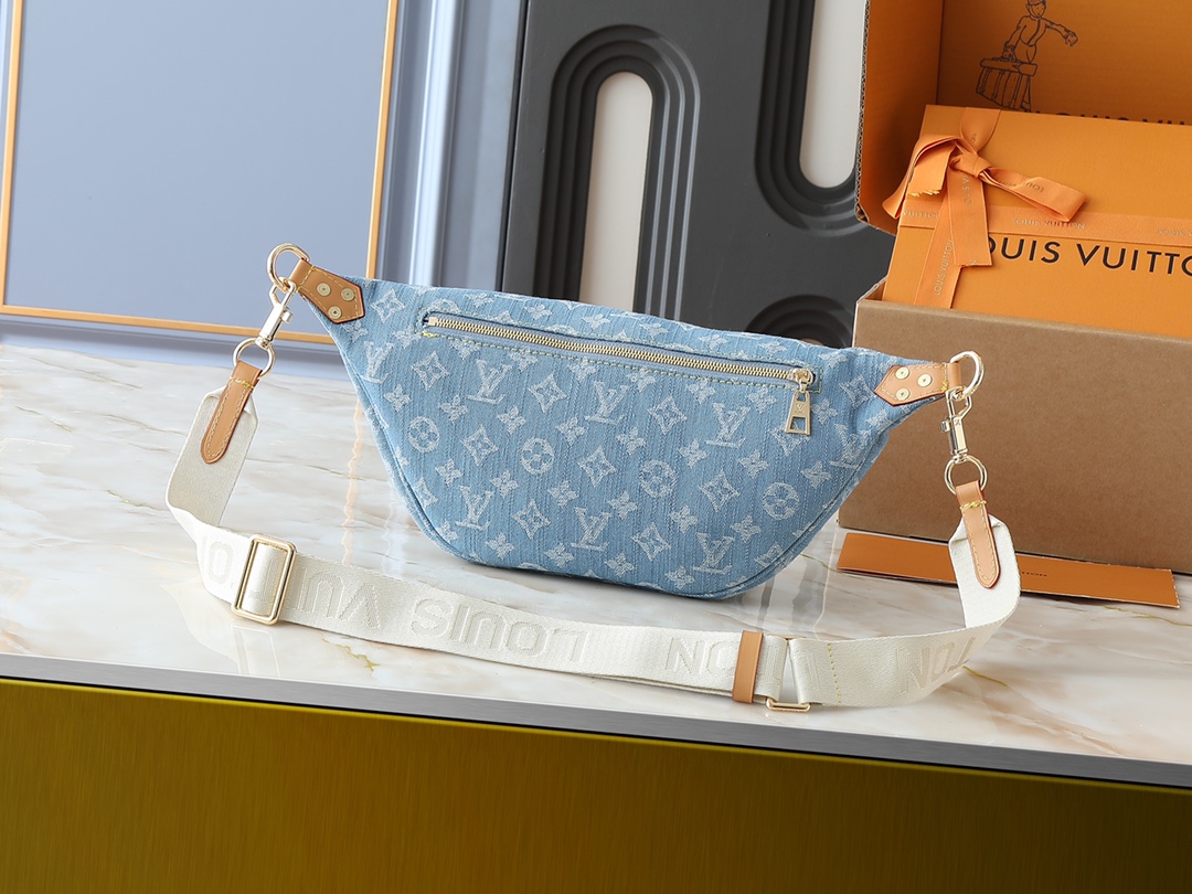 Designer High Rise Belt Bag Monogram Jacquard Leather - Light Blue Denim - Gorchic - $120.99
