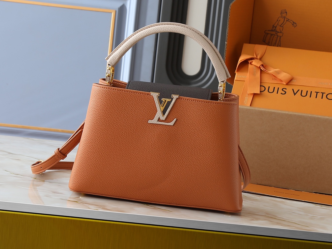 Designer Capucines Taurillon leather - Tan / Chocolate / Galet / Gray - Gorchic - $143.85