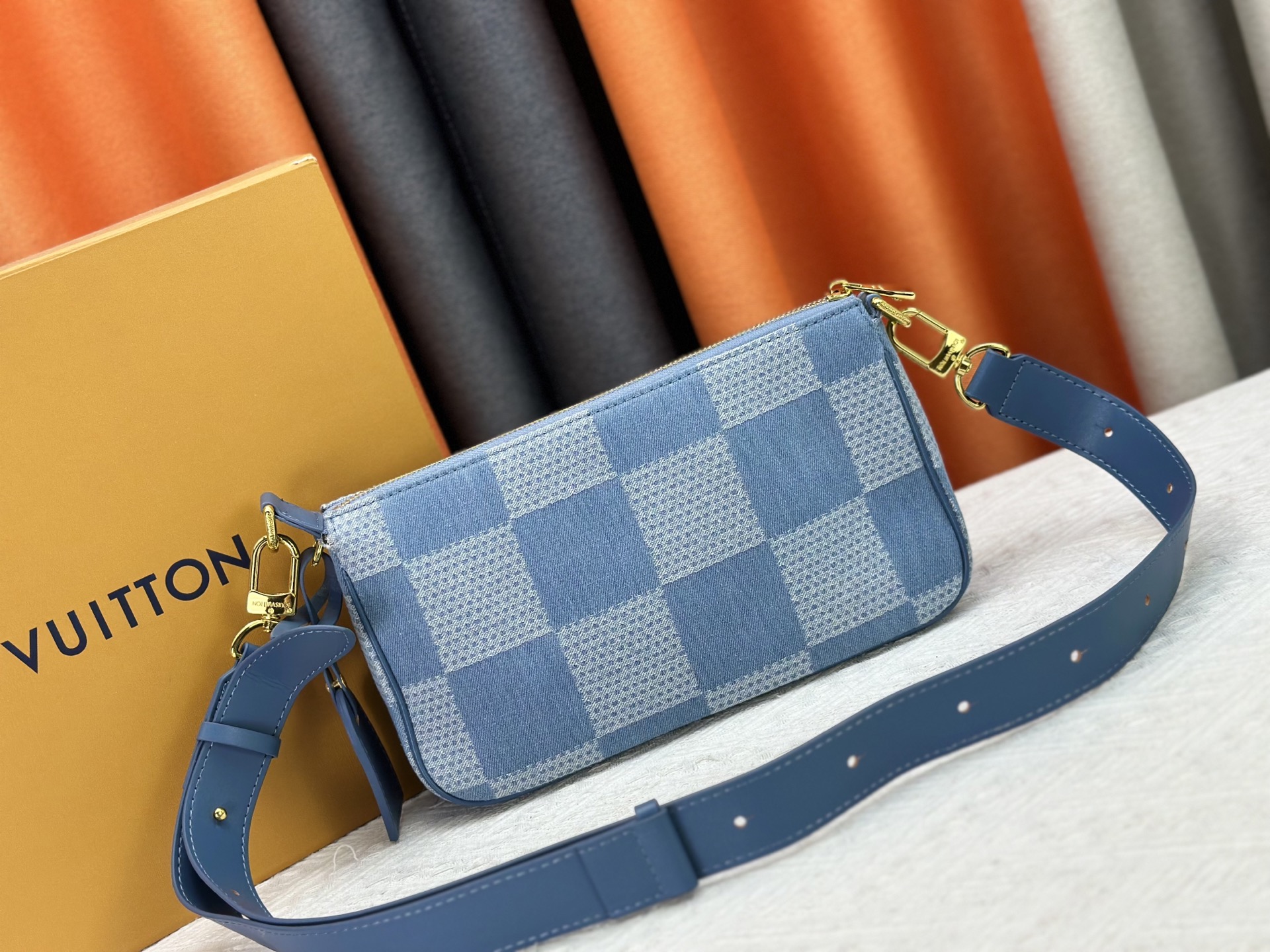 Designer Pochette Accessories XL Damier Denim 3D cotton canvas - Denim Blue - Gorchic - $116.99