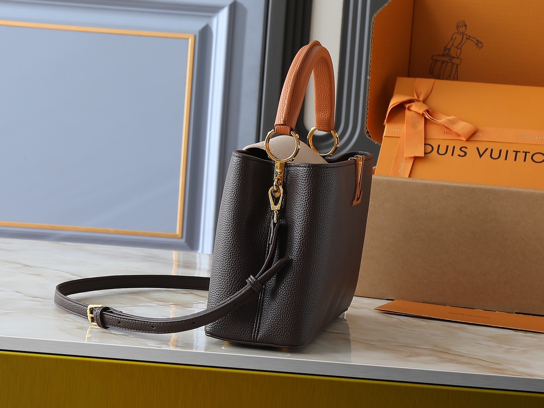 Designer Capucines Taurillon leather - Chocolate / Quartz / Tan - Gorchic - $143.85