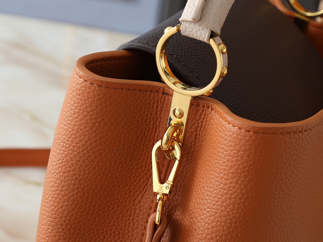 Designer Capucines Taurillon leather - Tan / Chocolate / Galet / Gray - Gorchic - $143.85