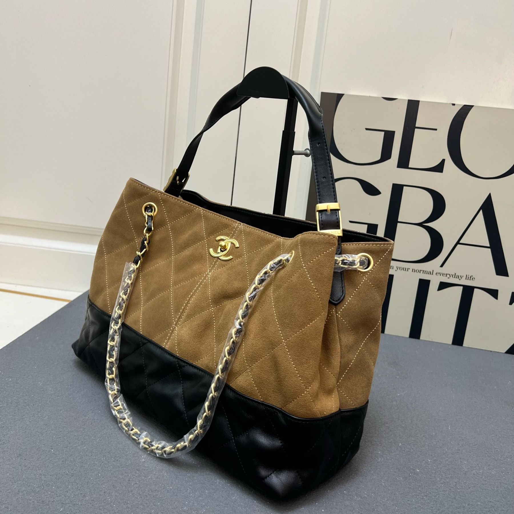 CC Inspired Métiers Dart Shopping Bag Calfskin & Gold-Tone Metal -  Beige & Black - Gorchic - $143.99