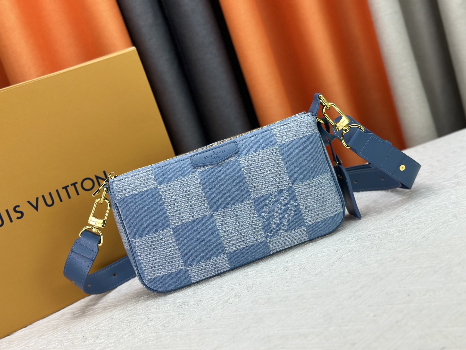 Designer Pochette Accessories XL Damier Denim 3D cotton canvas - Denim Blue - Gorchic - $116.99