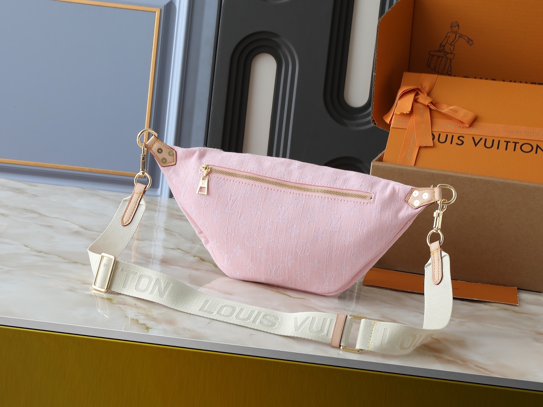 Designer High Rise Belt Bag Monogram Jacquard Leather - Pink Denim - Gorchic - $120.99