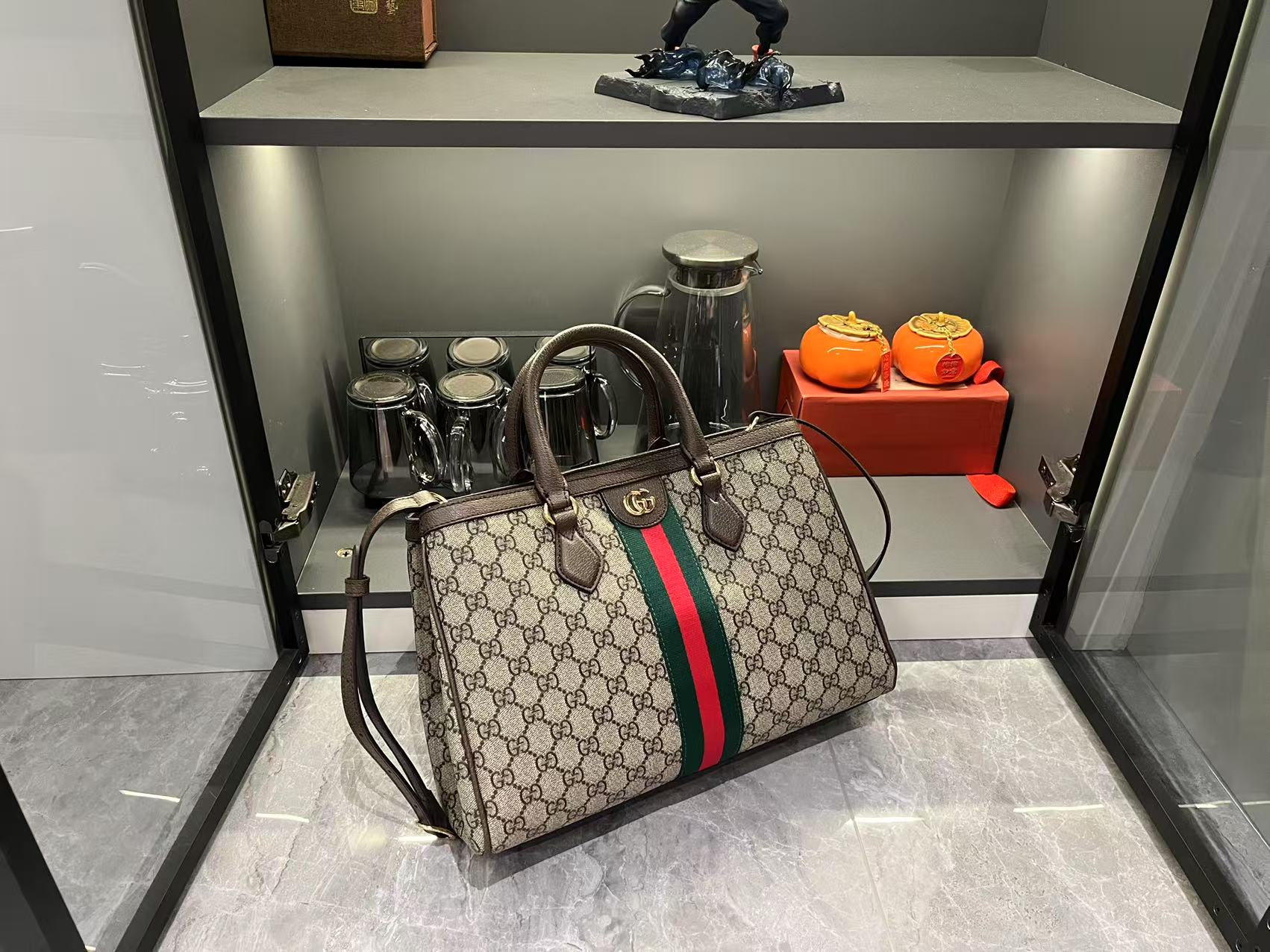 Double-G Ophidia Tote Bag Medium Size GG Monogram coated fabric - Beige and dark brown - Gorchic - $124.99