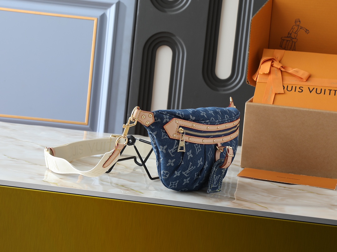 Designer High Rise Belt Bag Monogram Jacquard Leather - Dark Blue Denim - Gorchic - $120.99