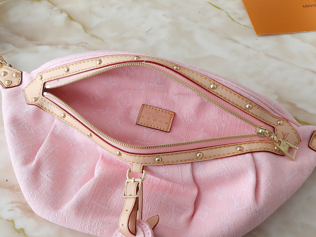 Designer High Rise Belt Bag Monogram Jacquard Leather - Pink Denim - Gorchic - $120.99