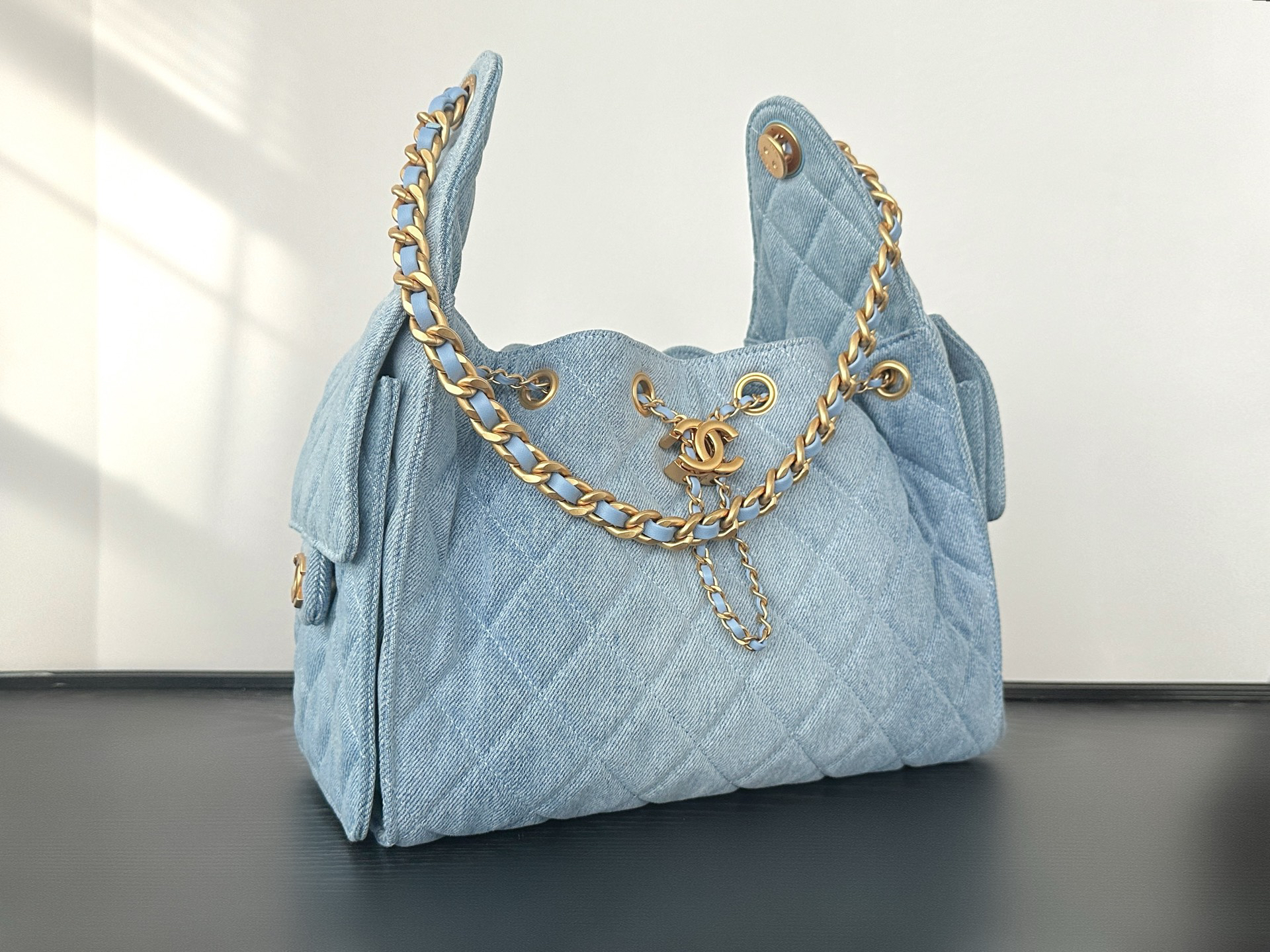 CC Inspired 25 Small Handbag Washed Denim & Gold-Tone Metal denim - Bag - Gorchic - $152.99