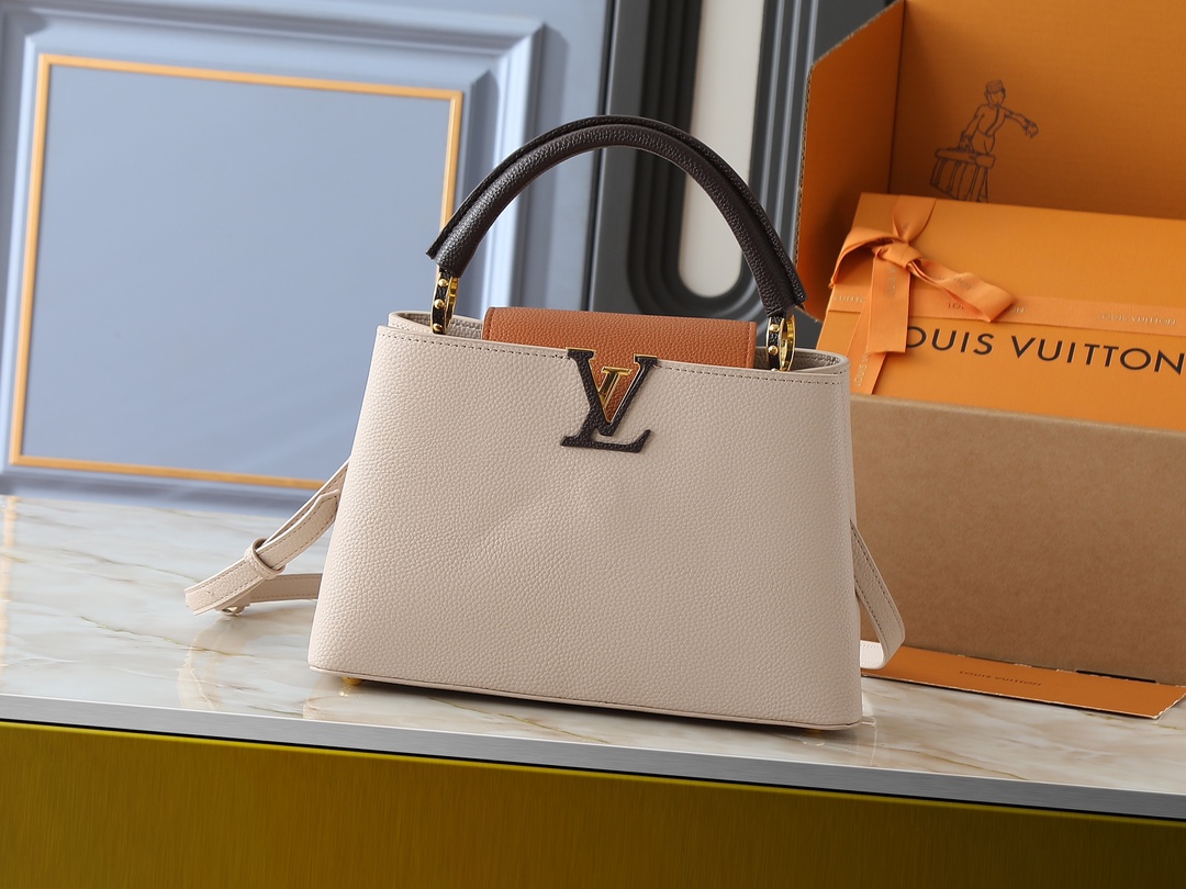 Designer Capucines Taurillon leather - Galet / Tan / Chocolate - Gorchic - $143.85