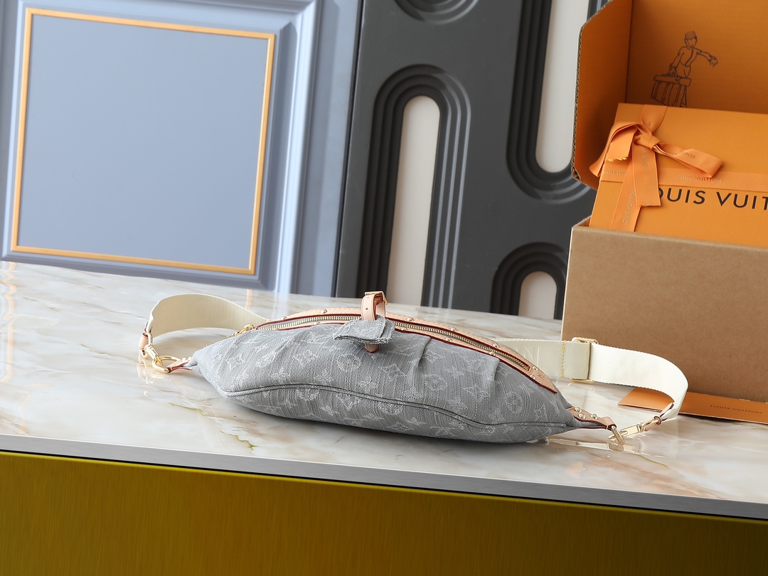 Designer High Rise Belt Bag Monogram Jacquard Leather - Grey Denim - Gorchic - $120.99