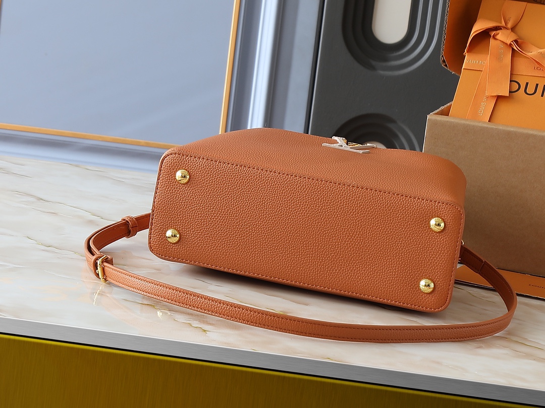 Designer Capucines Taurillon leather - Tan / Chocolate / Galet / Gray - Gorchic - $143.85