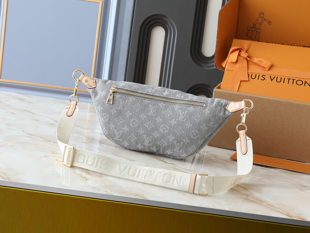 Designer High Rise Belt Bag Monogram Jacquard Leather - Grey Denim - Gorchic - $120.99