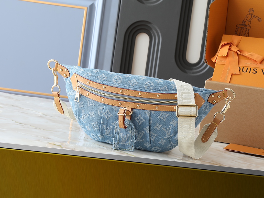 Designer High Rise Belt Bag Monogram Jacquard Leather - Light Blue Denim - Gorchic - $120.99