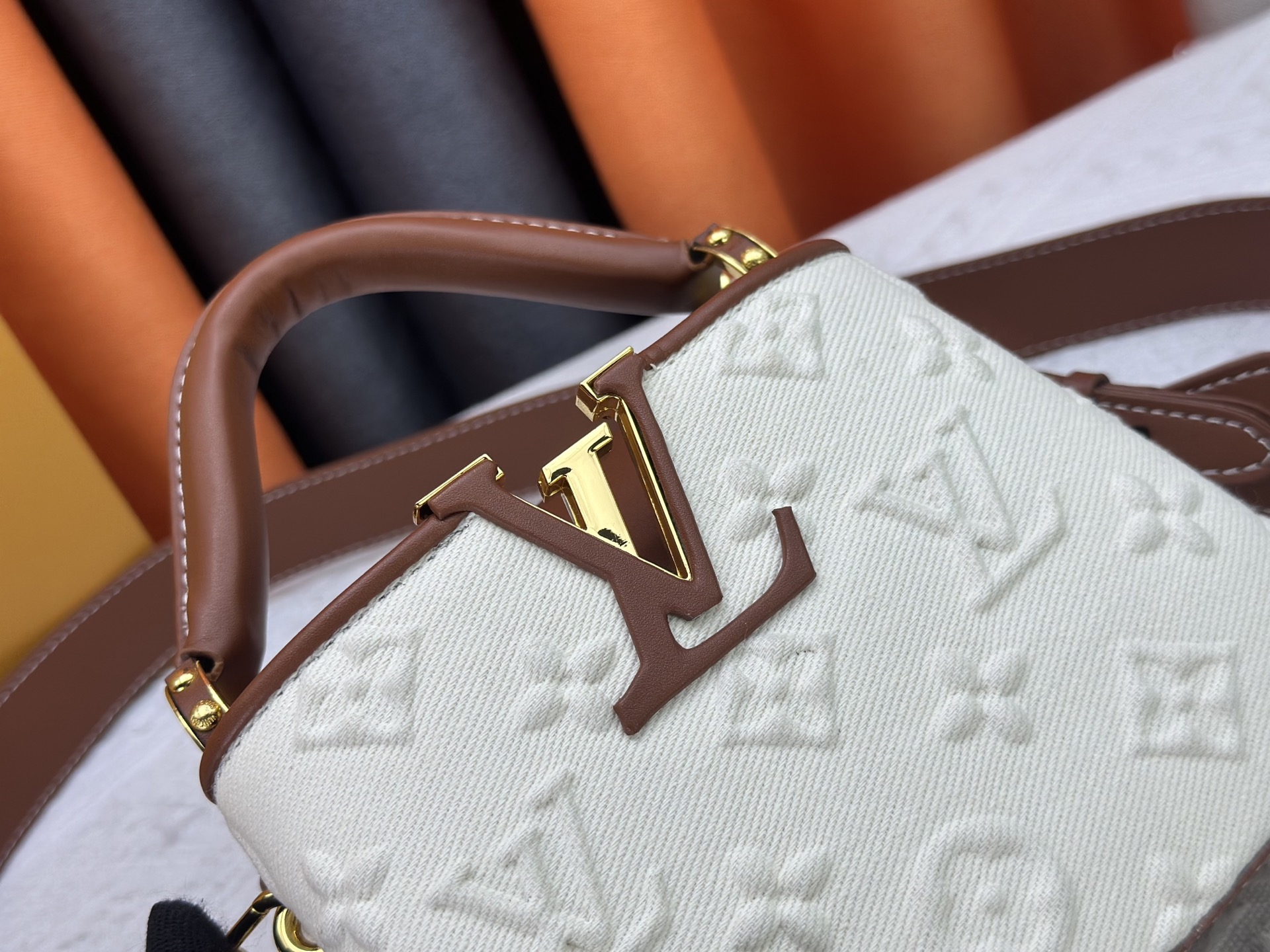 Designer Capucines Taurillon Leather, White Embossed Patchwork - Handbag - Gorchic - $142.99