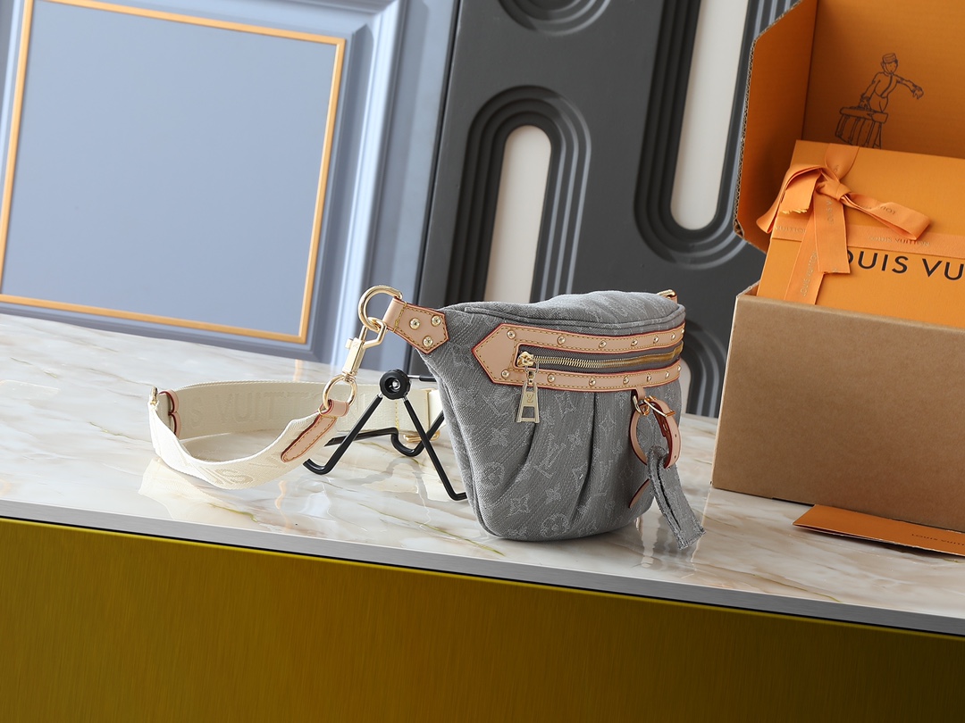 Designer High Rise Belt Bag Monogram Jacquard Leather - Grey Denim - Gorchic - $120.99