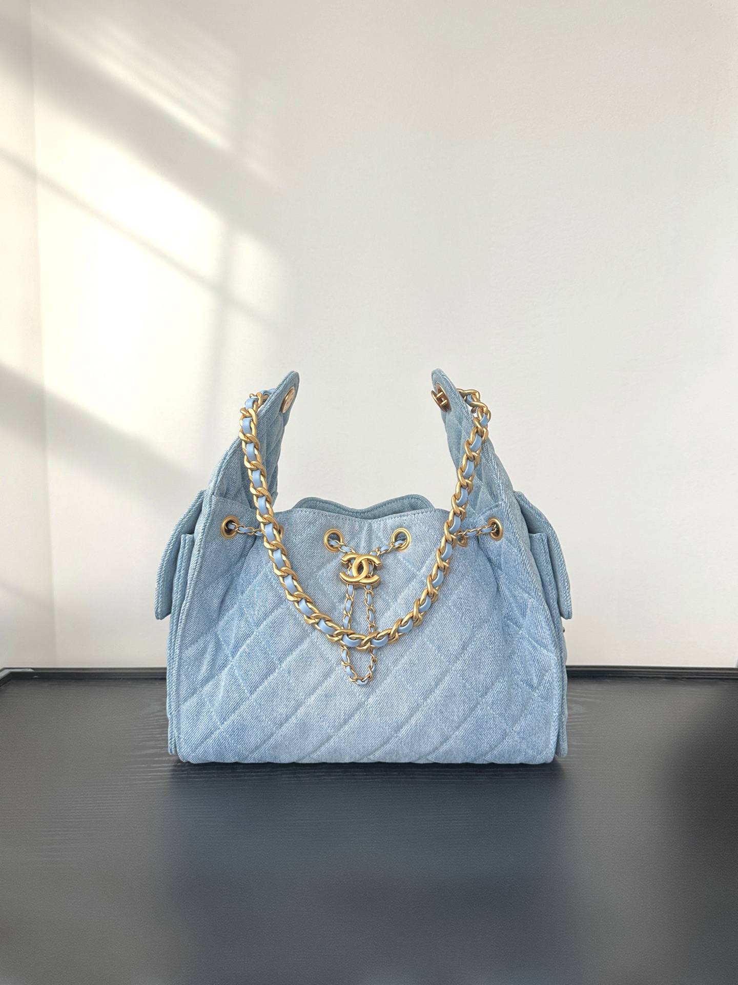 CC Inspired 25 Small Handbag Washed Denim & Gold-Tone Metal denim - Bag - Gorchic - $152.99