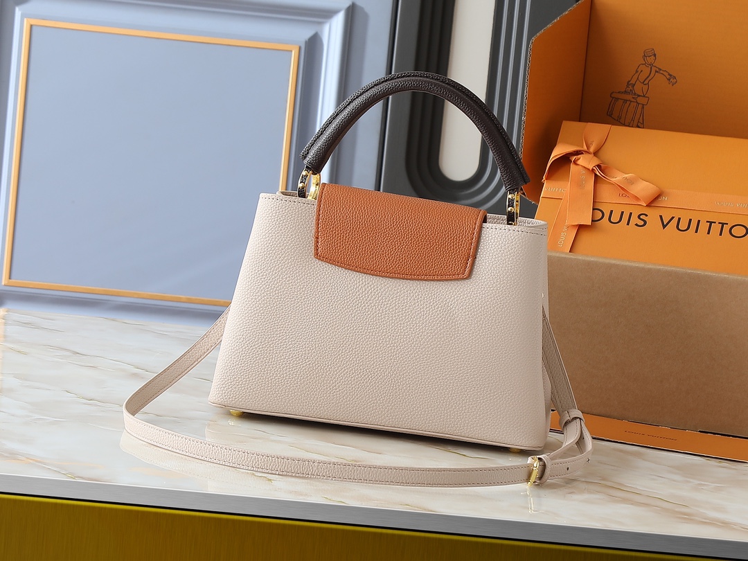 Designer Capucines Taurillon leather - Galet / Tan / Chocolate - Gorchic - $143.85