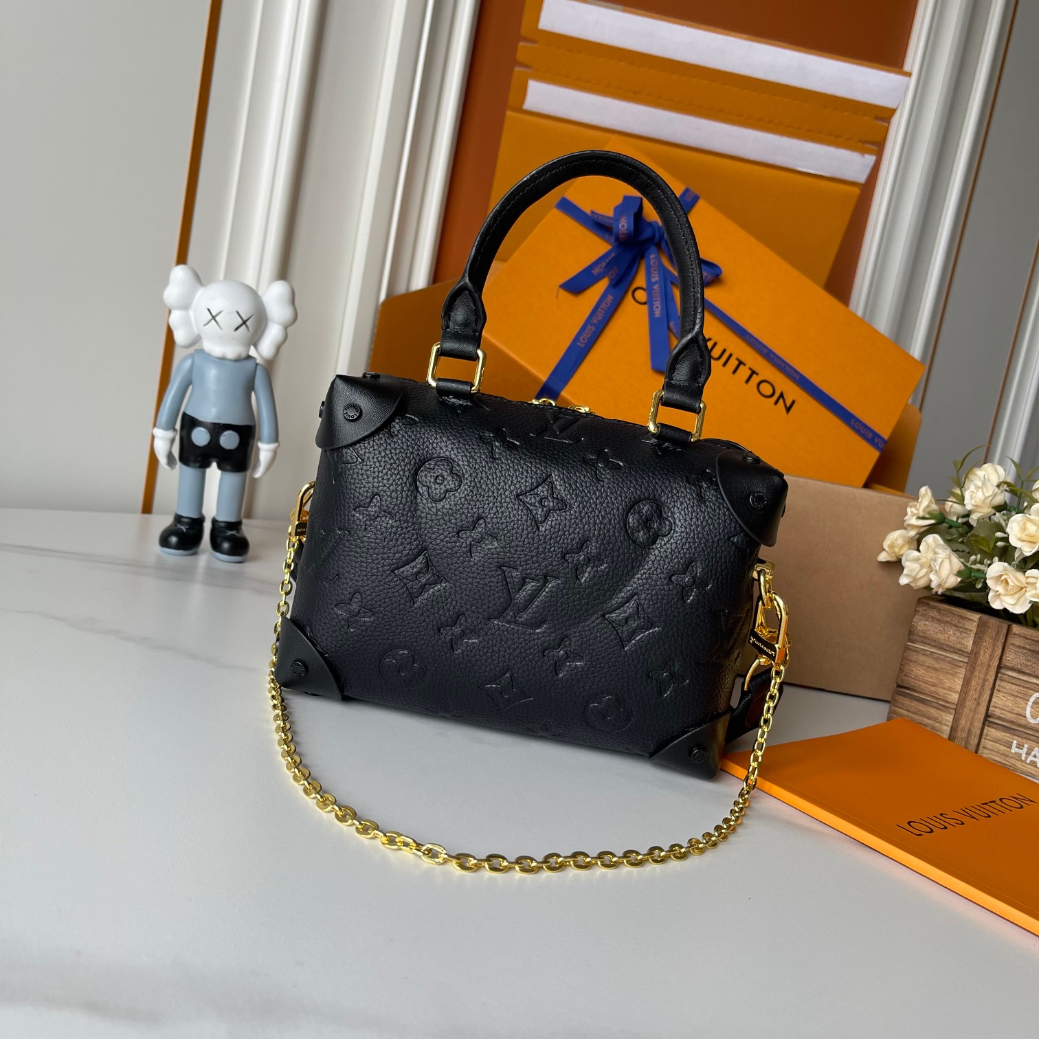 Designer Petite Malle Souple Embossed grained cowhide leather - Black - Gorchic - $118.99