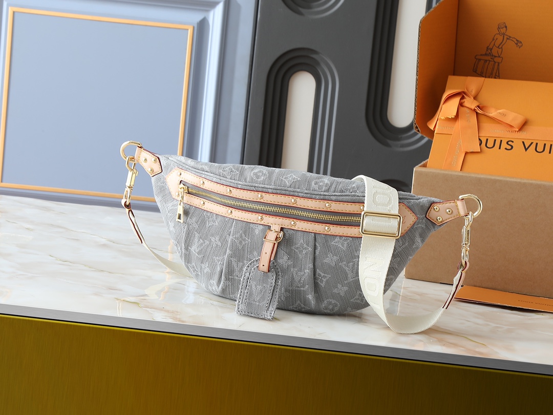 Designer High Rise Belt Bag Monogram Jacquard Leather - Grey Denim - Gorchic - $120.99