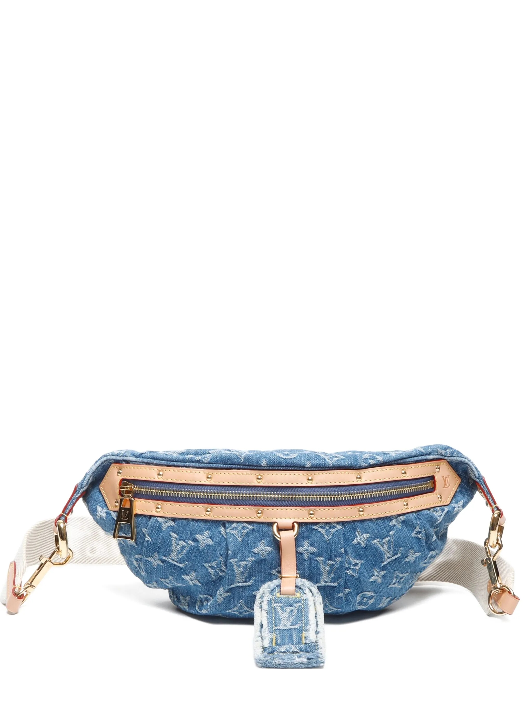 Designer High Rise Belt Bag Monogram Jacquard Leather - Light Blue Denim - Gorchic - $120.99