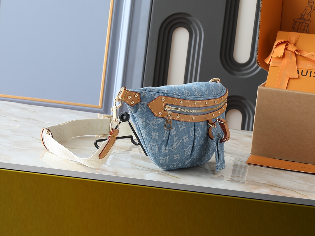 Designer High Rise Belt Bag Monogram Jacquard Leather - Light Blue Denim - Gorchic - $120.99