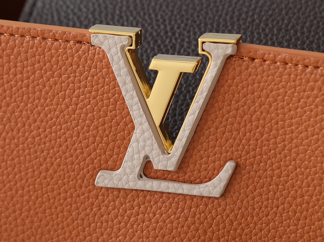 Designer Capucines Taurillon leather - Tan / Chocolate / Galet / Gray - Gorchic - $143.85