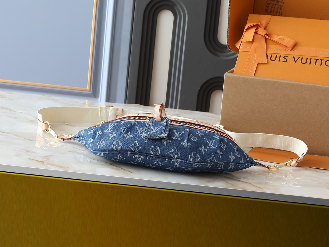 Designer High Rise Belt Bag Monogram Jacquard Leather - Dark Blue Denim - Gorchic - $120.99