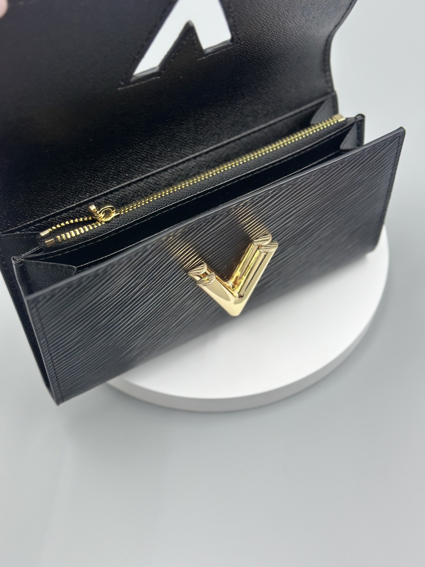 Designer Black Epi Leather Twist Wallet - Gold - Gorchic - $94.99