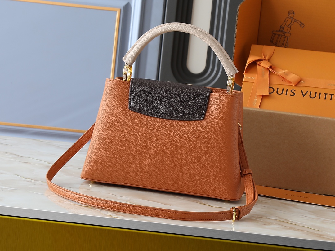 Designer Capucines Taurillon leather - Tan / Chocolate / Galet / Gray - Gorchic - $143.85