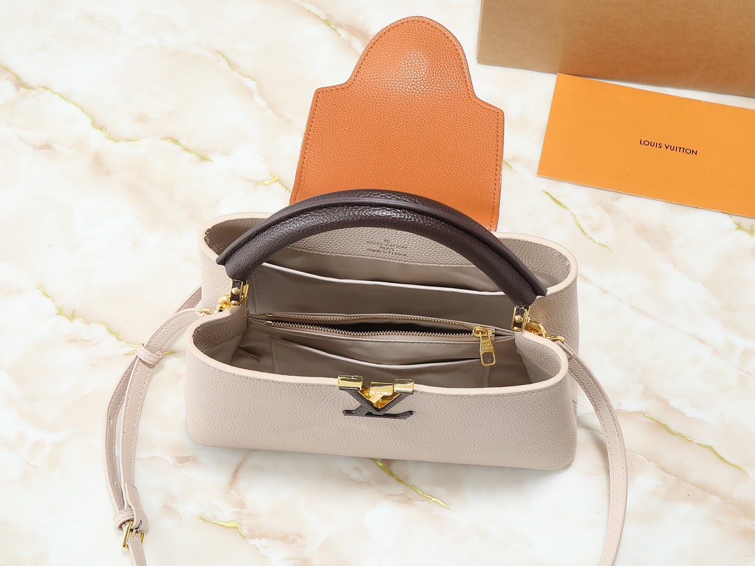 Designer Capucines Taurillon leather - Galet / Tan / Chocolate - Gorchic - $143.85