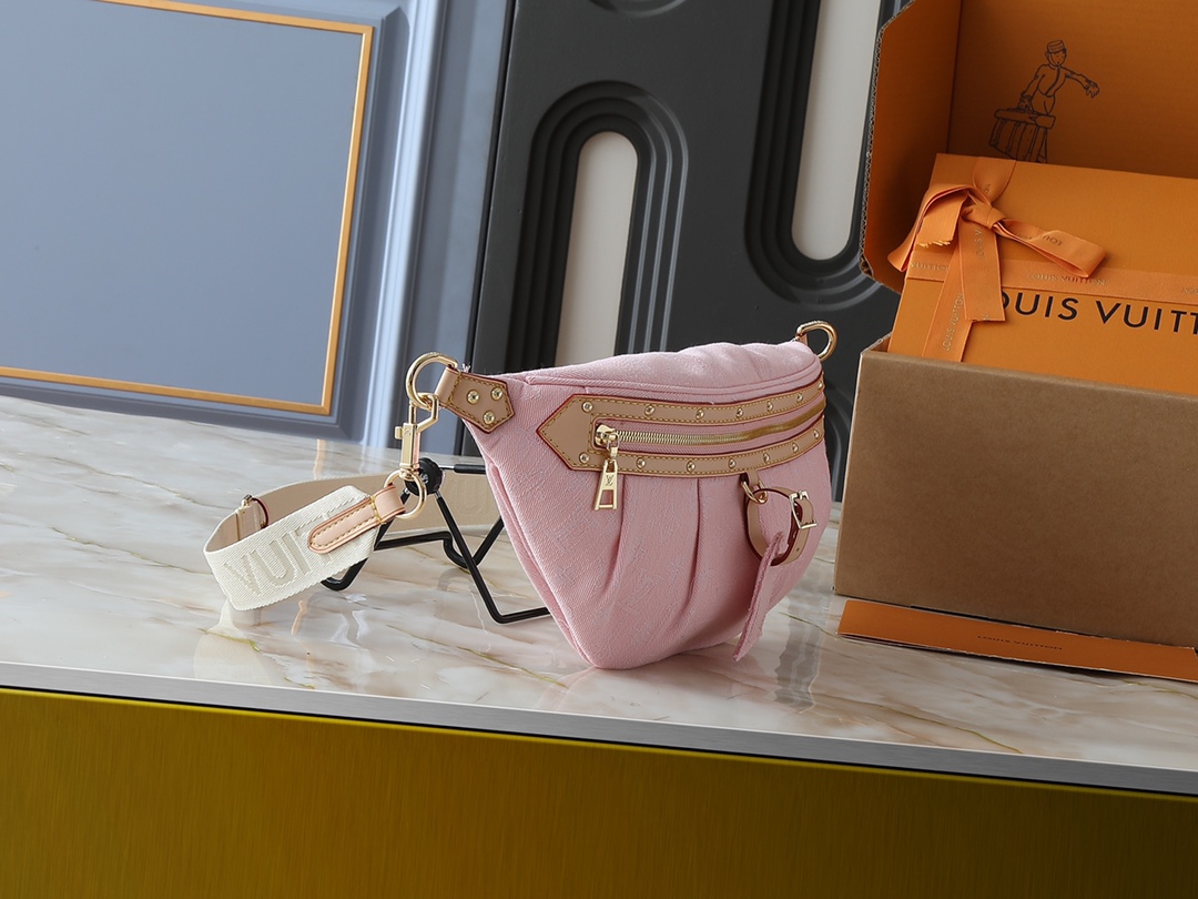 Designer High Rise Belt Bag Monogram Jacquard Leather - Pink Denim - Gorchic - $120.99