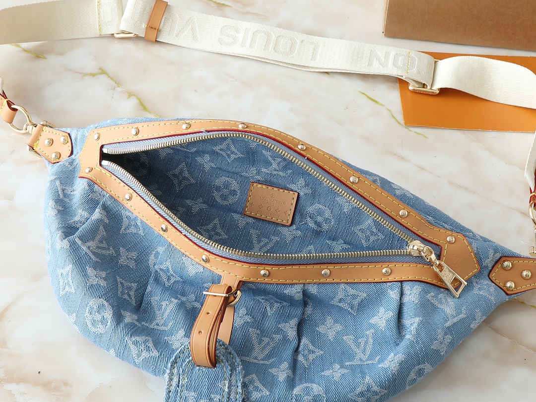 Designer High Rise Belt Bag Monogram Jacquard Leather - Light Blue Denim - Gorchic - $120.99