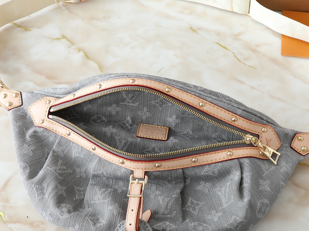 Designer High Rise Belt Bag Monogram Jacquard Leather - Grey Denim - Gorchic - $120.99