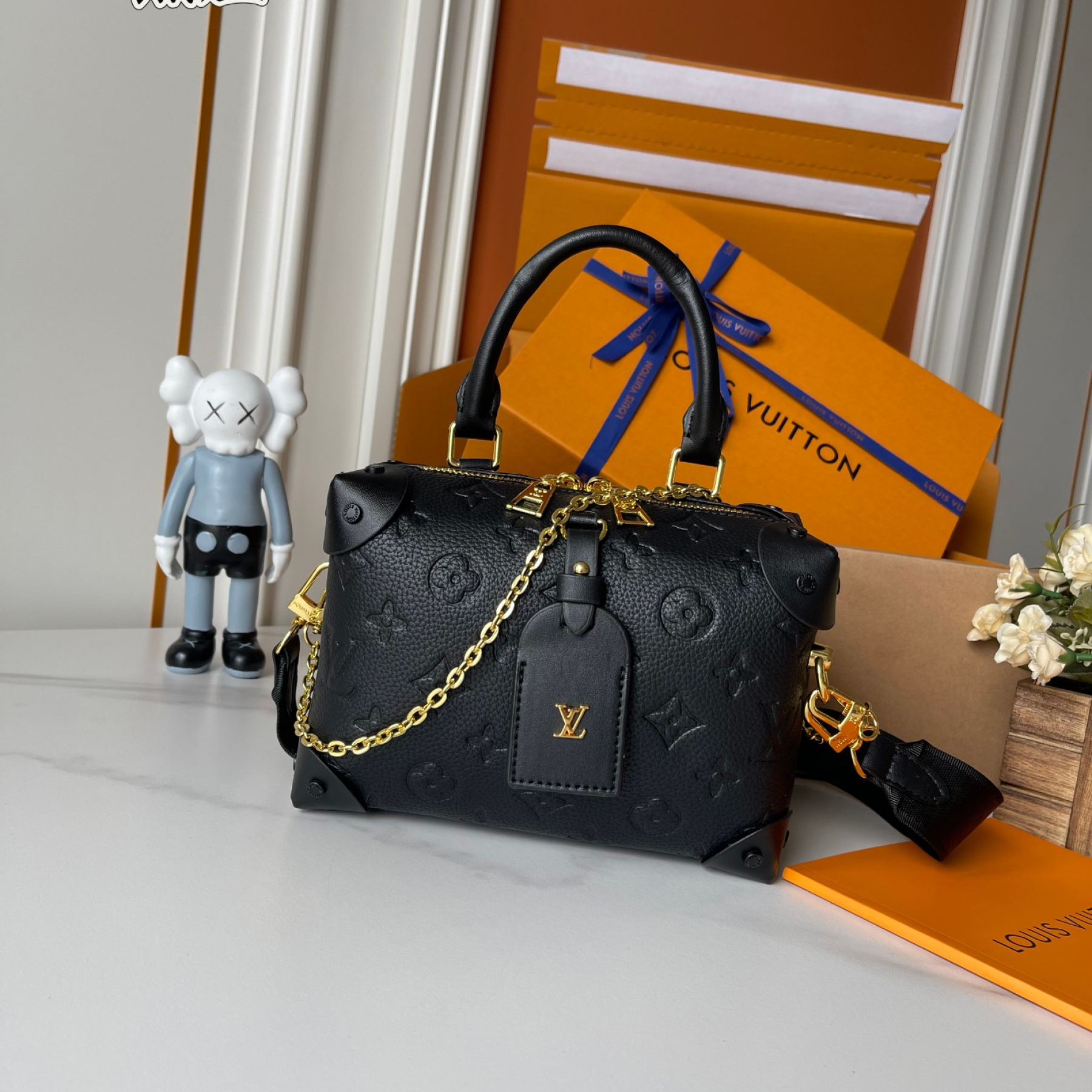 Designer Petite Malle Souple Embossed grained cowhide leather - Black - Gorchic - $118.99