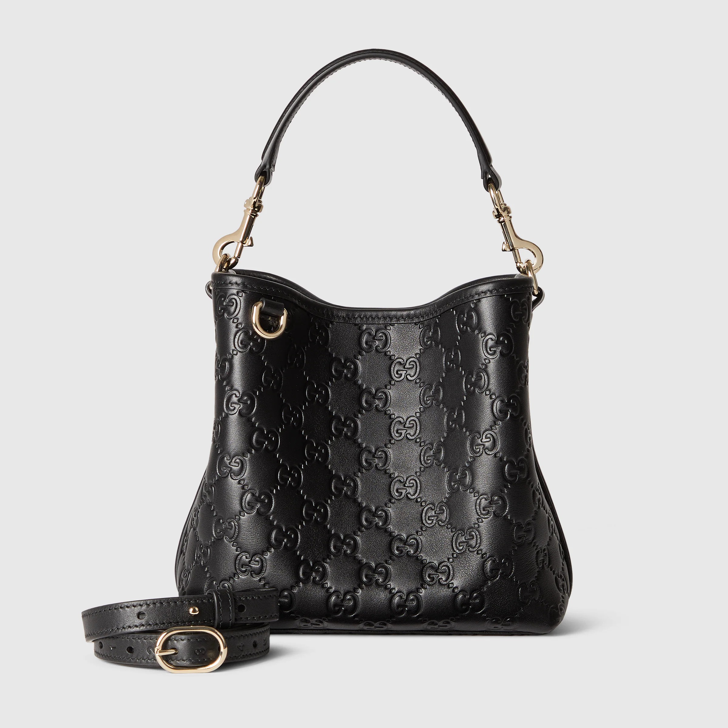 Double-G GG Emblem Small Bucket Bag GG Print Embossed Leather - Black - Gorchic - $128.99
