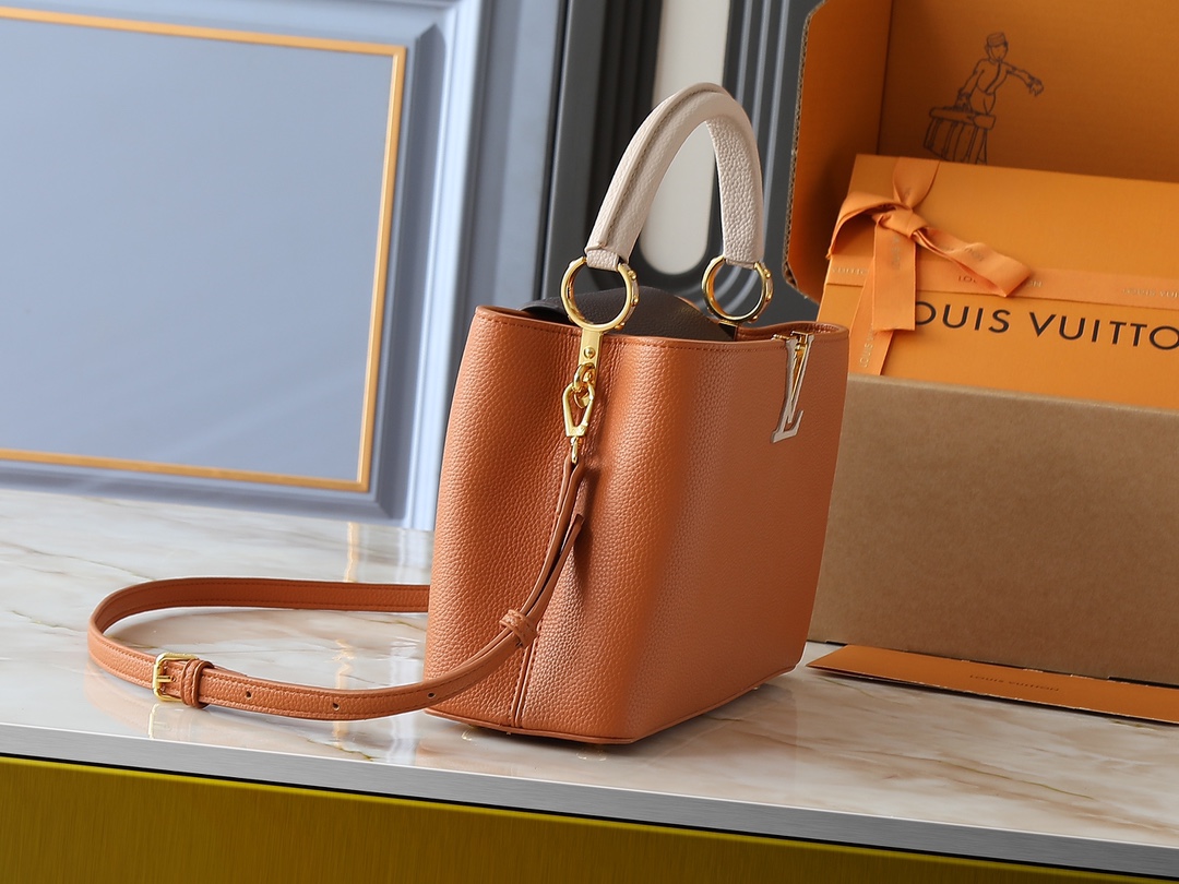 Designer Capucines Taurillon leather - Tan / Chocolate / Galet / Gray - Gorchic - $143.85