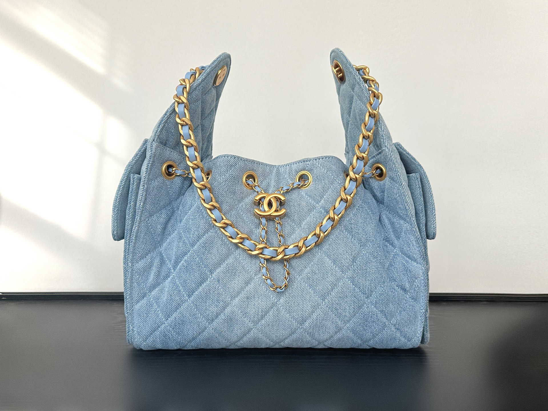 CC Inspired 25 Small Handbag Washed Denim & Gold-Tone Metal denim - Bag - Gorchic - $152.99